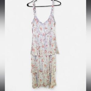 audrey Light Blue Tiered Floral High-Low Dress with Pink Roses